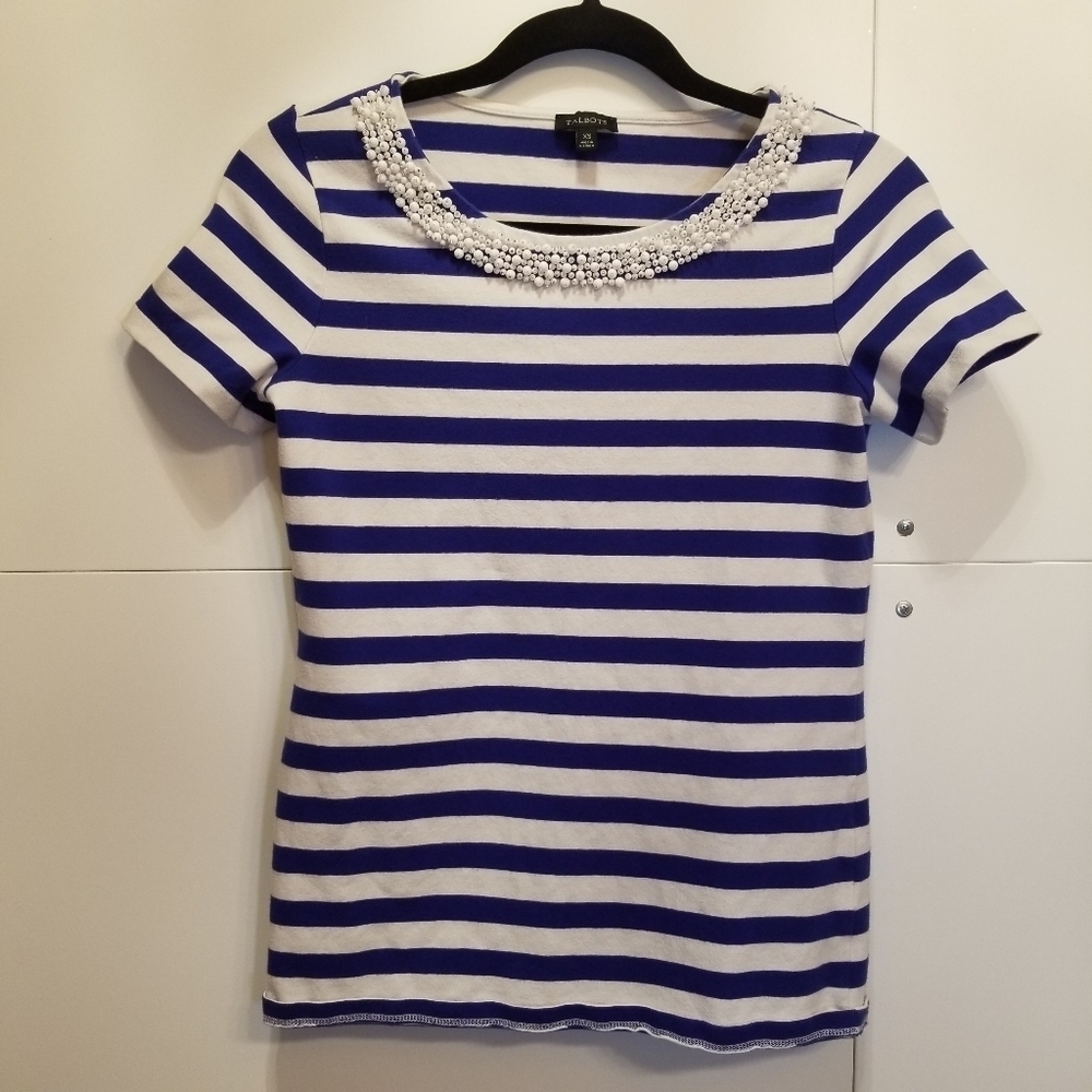 Talbots Blue White Nautical Striped Pearl Beaded Top XS - Picture 2 of 10
